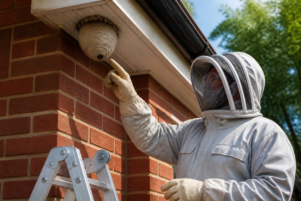 A person wearing full protective clothing including thick gloves, wraparound goggles and a face veil, carefully inspecting a pale papery wasp nest attached beneath the eave of a red brick house in bright afternoon daylight