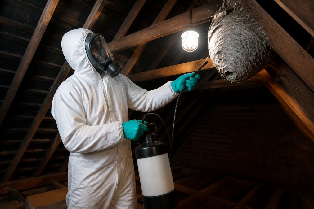 A uniformed pest control technician in white protective overalls and a full face respirator, holding a professional spray canister while treating a large grey wasp nest in a dark loft space, illuminated by a handheld work light