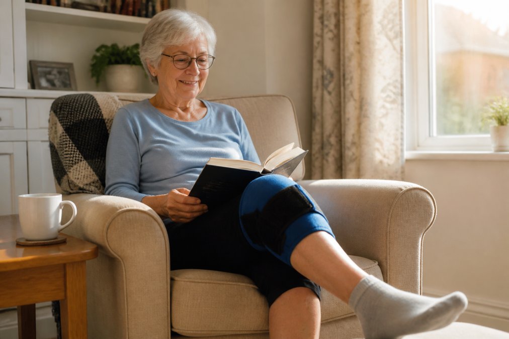 A senior adult sitting in a comfortable armchair at home, wearing a flexible blue cold compression sleeve on their knee, smiling while reading a book in warm afternoon light