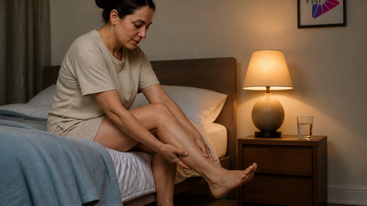 Person sitting on a bed edge and stretching their calf muscle to stop leg twitching at night