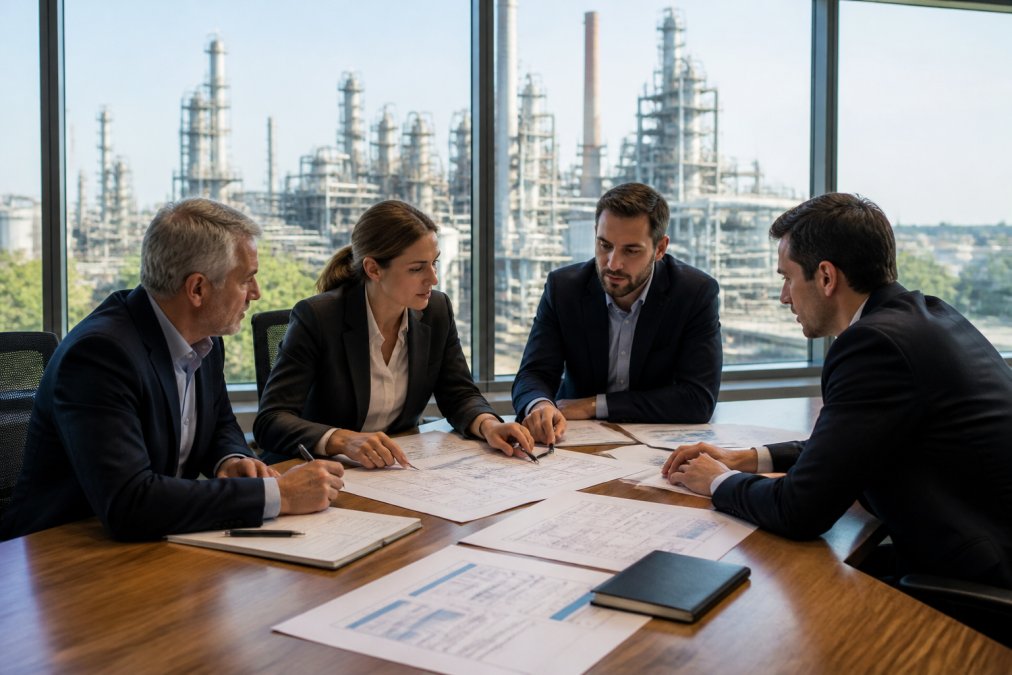 A boardroom meeting where investment professionals review project documents and financial models with an industrial plant visible through the window