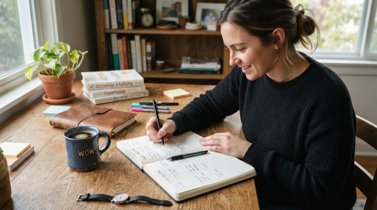 Person at a wooden desk in morning light, writing in an open planner with a coffee cup nearby, focused expression, natural window lighting