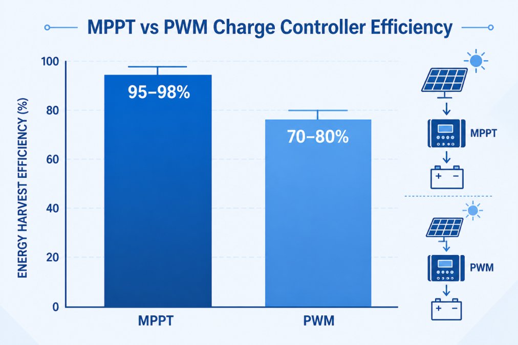 Bar chart comparing energy harvest efficiency: MPPT controllers 95-98% vs PWM controllers 70-80% under identical conditions