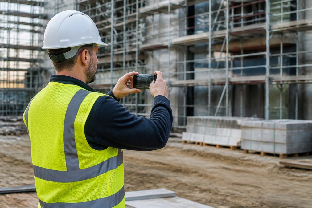 A field inspector in a high-visibility vest using a smartphone to photograph construction site progress, with scaffolding and building materials visible in the background