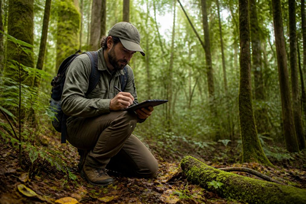 An environmental consultant crouching in a remote forested area, taking notes on a rugged tablet device with no visible cell towers or infrastructure nearby, surrounded by dense trees and natural light filtering through the canopy
