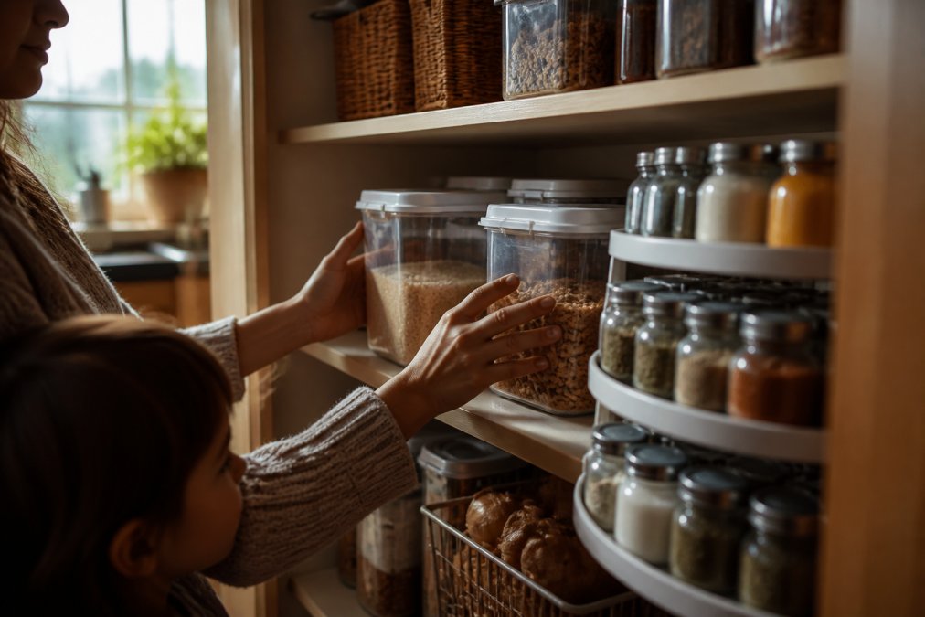 A parent's hands placing labeled clear containers on a deep pantry shelf, with a two-tier rotating spice rack visible in the foreground, warm natural light from a kitchen window