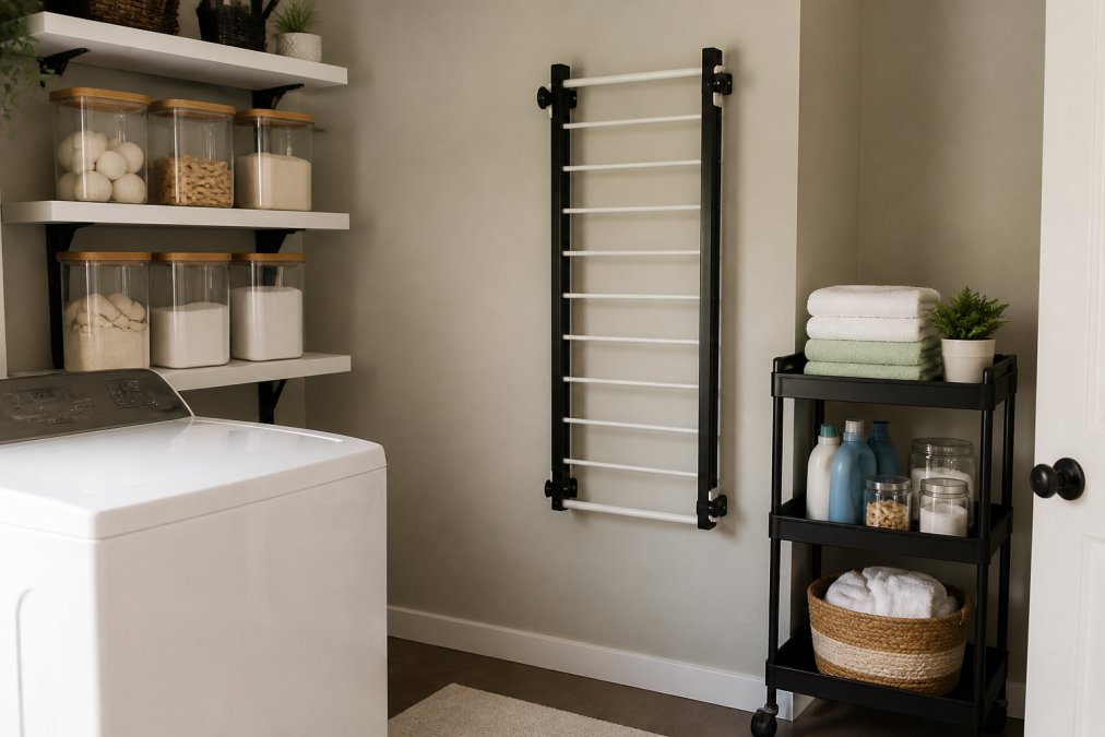 Compact laundry room corner showing stacked clear plastic canisters on floating shelves above a washing machine, a wall-mounted drying rack folded against the wall, and a rolling cart tucked into a corner holding folded towels and laundry supplies