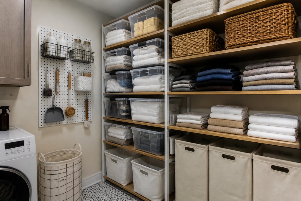 Laundry room corner showing floor-to-ceiling shelving with clear plastic bins neatly stacked, a pegboard with hanging tools and baskets, and folded clothes organized by type on middle shelves, demonstrating vertical space optimization