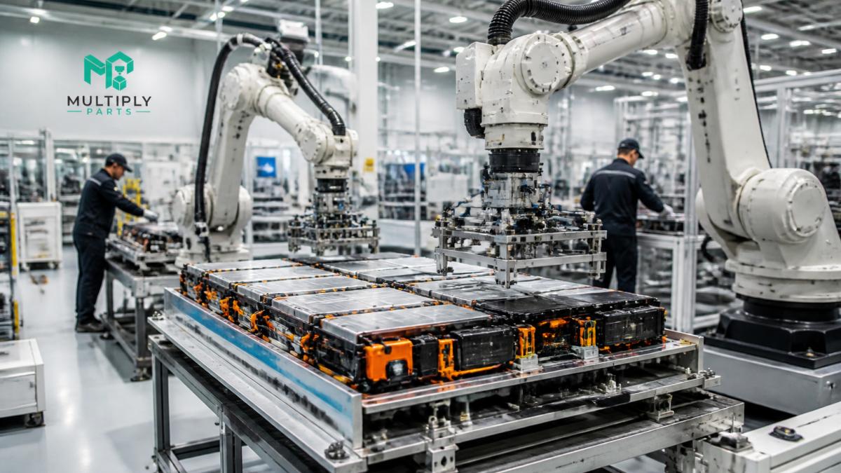 Efficient Manufacturing Infrastructure for EV Parts 2 A clean, modern factory floor with automated robotic arms assembling electric vehicle battery modules and precision components under bright industrial lighting