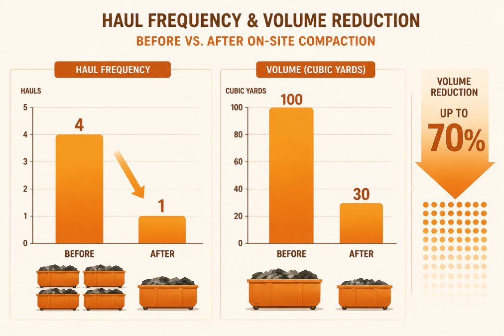 Bar chart showing haul frequency before vs. after on-site compaction: 4 hauls reduced to 1, with volume reduction up to 70%