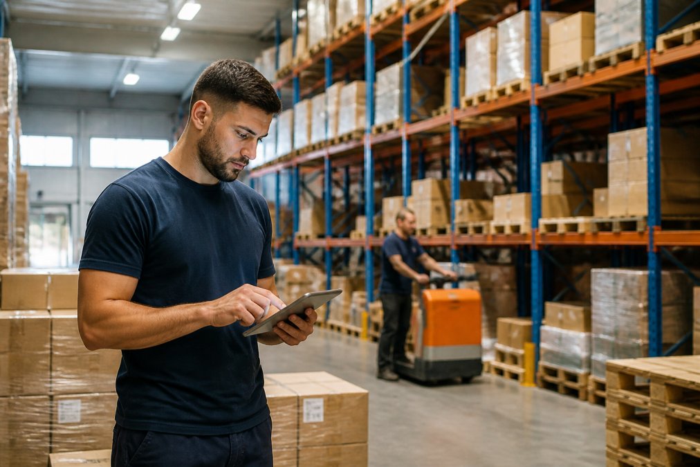 Operatore di magazzino con tablet che verifica gli stock in un magazzino moderno con scaffalature porta-pallet ben organizzate
