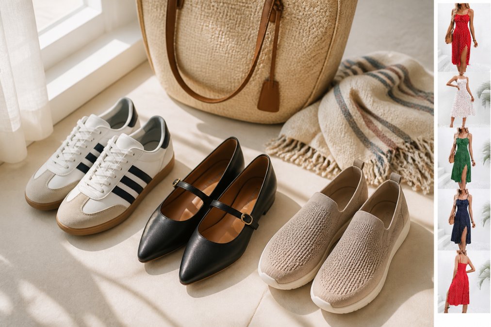 Close-up of three different shoe styles (retro British-style sneakers, pointed-toe flats, and knitted slip-ons) arranged on a light neutral surface with a summer tote bag and a folded scarf, soft natural window lighting