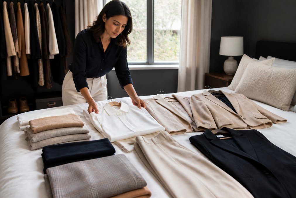 Professional woman reviewing and organizing neutral-toned clothing items on a bed, including crisp white shirts, tailored blazers, and structured pieces neatly arranged by color and type
