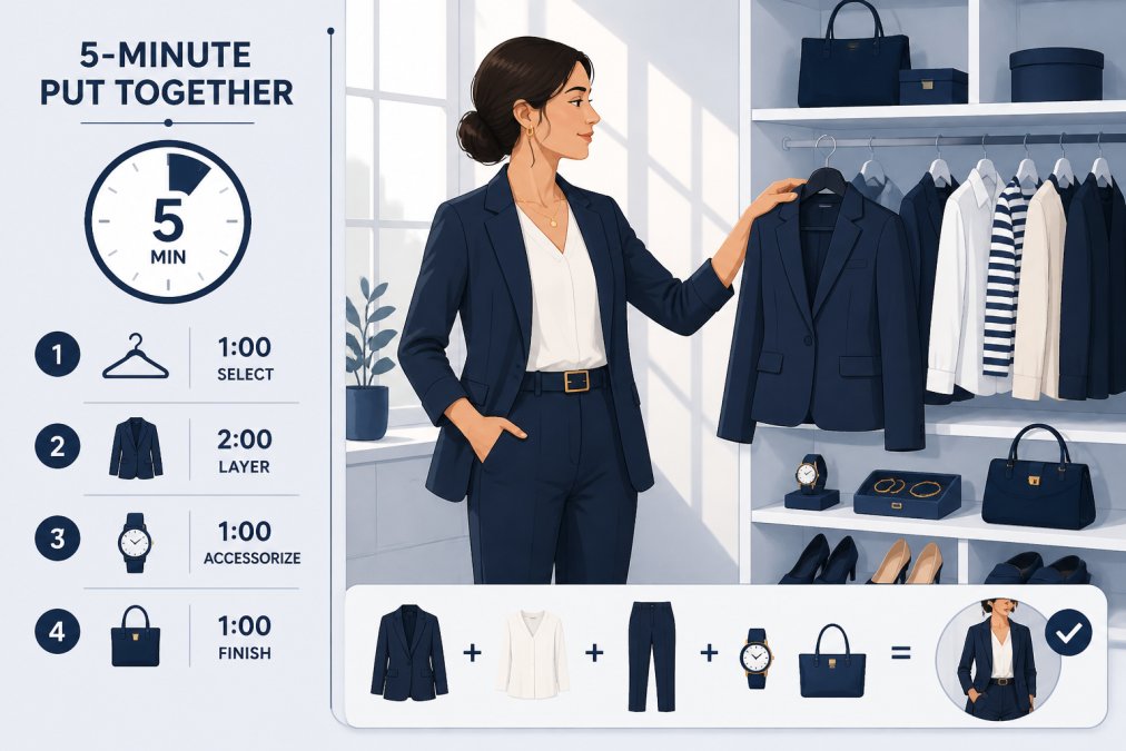 Professional woman in home closet selecting a tailored blazer and accessories from organized shelving, morning natural light streaming through window, showing quick styling in action