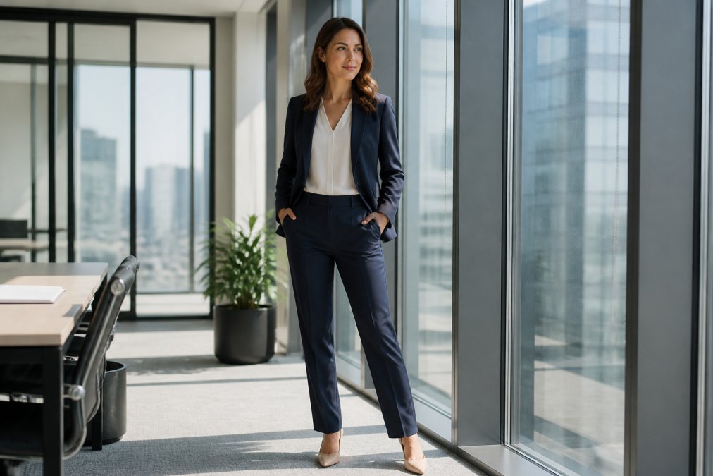 Professional woman wearing a fitted structured navy blazer with tailored trousers, standing confidently in a modern office with natural light from floor-to-ceiling windows
