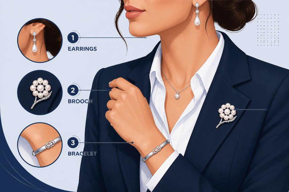 Close-up of a professional woman's wrist and neck showing layered jewelry including a pearl brooch on her blazer, an elegant silver bracelet, and drop earrings paired with a white button-down shirt