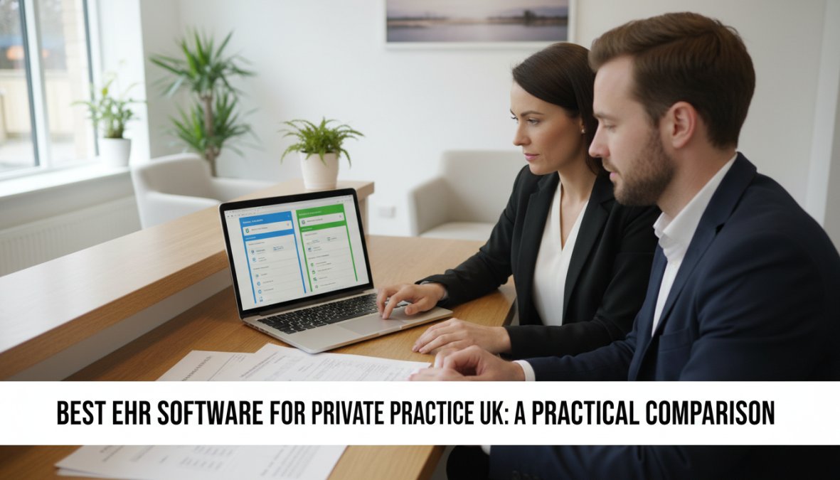 A practice manager and clinician sitting side by side at a desk, reviewing software options on a laptop screen in a private clinic reception area, with natural overhead lighting and printed notes on the desk