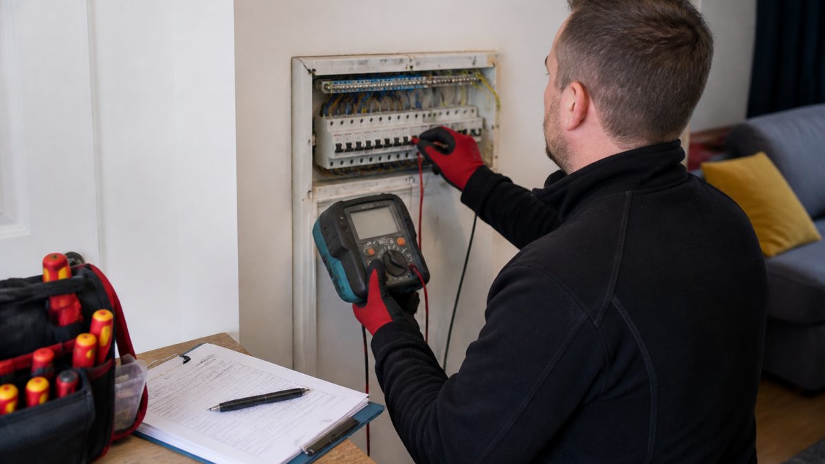 A qualified electrician in safety gloves and workwear testing a domestic consumer unit with a multifunction tester, clipboard and certificate paperwork resting on a nearby surface in a rented flat
