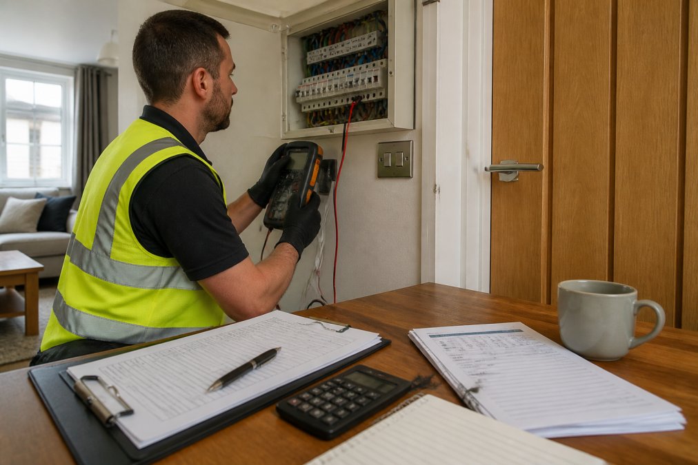 A qualified electrician in a high-visibility vest testing a domestic consumer unit with a multifunction tester, clipboard and test certificate visible nearby, in a typical British home with natural daylight