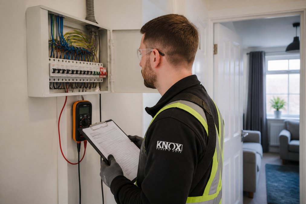 A qualified electrician in safety gear inspecting a domestic consumer unit with a clipboard and test equipment, inside a typical rented flat
