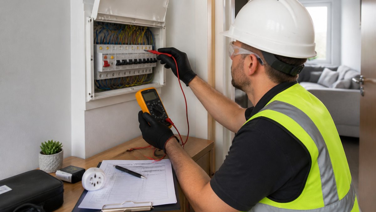 A qualified electrician in safety gear using a multimeter to test a consumer unit in a UK rental property, with a clipboard and certification paperwork nearby