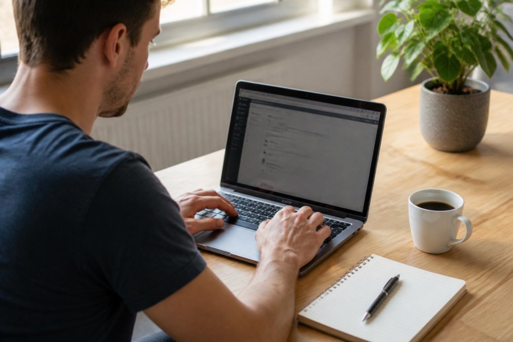 Eine Person sitzt an einem Laptop und öffnet das Plesk-Kontrollpanel, auf dem Bildschirm ist die Oberfläche zur Anlage eines neuen E-Mail-Postfachs zu sehen, daneben liegen Notizblock und Kaffeetasse auf einem hellen Holztisch