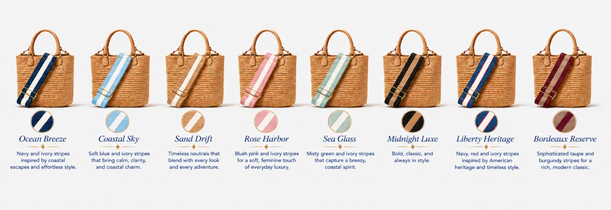 Eight Strapistry strap colorways shown on woven tote bags