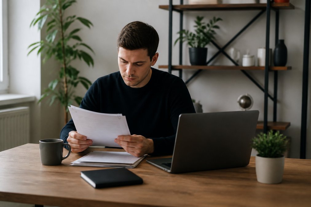Ein fokussierter Gründer in einem modernen Homeoffice in Deutschland, der US-Geschäftsdokumente auf einem Laptop prüft, eine Kaffeetasse steht griffbereit neben dem Monitor