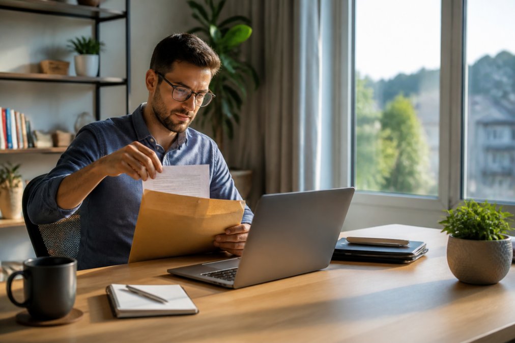Unternehmer sitzt an Schreibtisch mit Laptop, öffnet E-Mail mit Gründungsdokumenten, Kaffee und Notizbuch daneben, sonniges Homeoffice mit Fenster