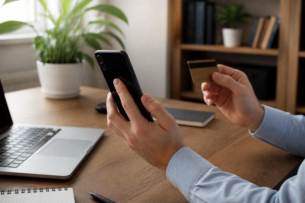 Hände halten Smartphone mit Online-Banking-App, Kreditkarte und Laptop im Hintergrund, modernes Workspace-Setup mit natürlichem Licht