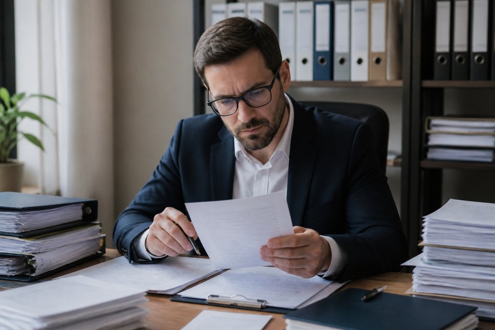 Geschäftsperson überprüft sorgfältig Compliance-Dokumente und Checklisten auf dem Schreibtisch, umgeben von Ordnern und digitalen Geräten, konzentrierter Blick auf Papiere