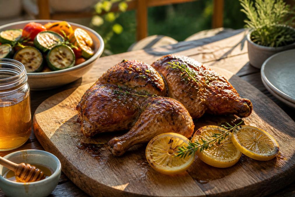 Gegrilltes Hähnchen mit glänzender Honig-Marinade auf einem Holzbrett, garniert mit frischen Kräutern und Zitronenscheiben in warmer Abendsonne