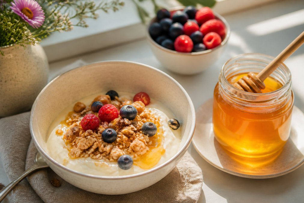 Schüssel mit cremigem Joghurt, Müsli und Honig-Drizzle, daneben ein Glas mit regionalem Blütenhonig von Bricher Beien auf hellem Untergrund in natürlichem Licht