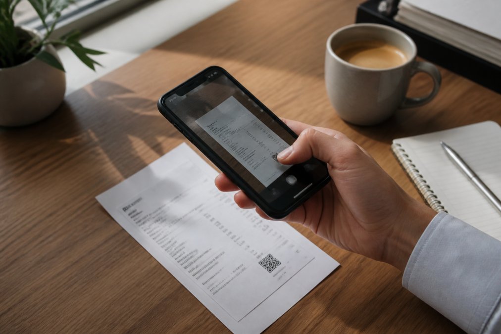 Nahaufnahme einer Hand, die mit einem Smartphone ein Papierdokument auf einem aufgeräumten Schreibtisch scannt, daneben eine Kaffeetasse und ein Notizblock, weiches Tageslicht von links