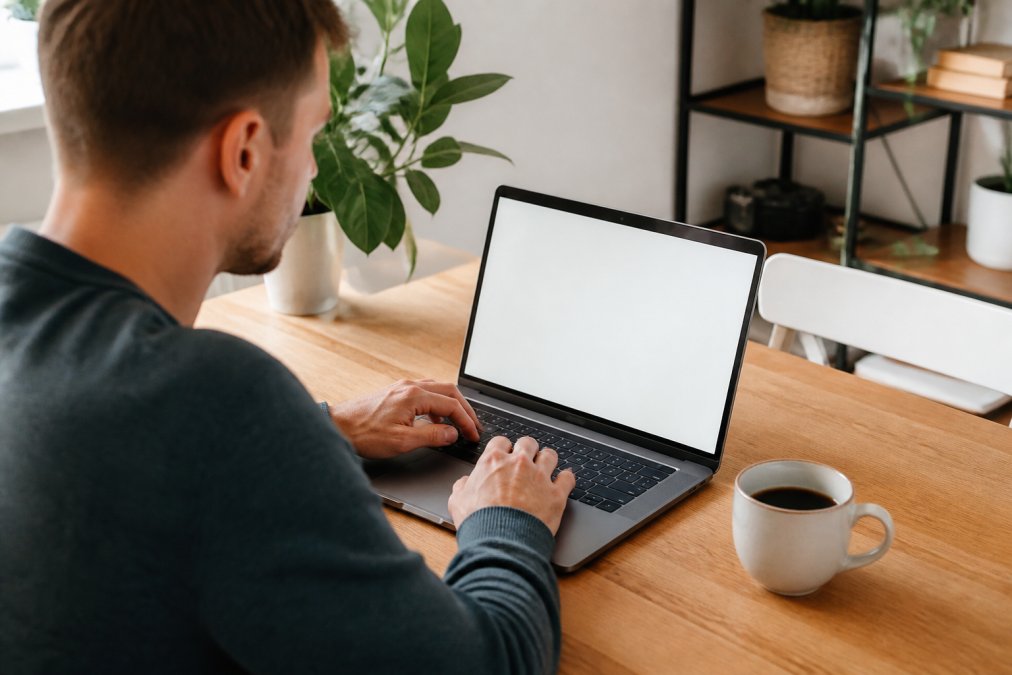 Eine Person sitzt entspannt am Laptop und klickt auf einen Installationsbutton im Browser, auf dem Bildschirm ist ein WordPress-Dashboard angedeutet, daneben eine Tasse Kaffee auf einem hellen Holztisch