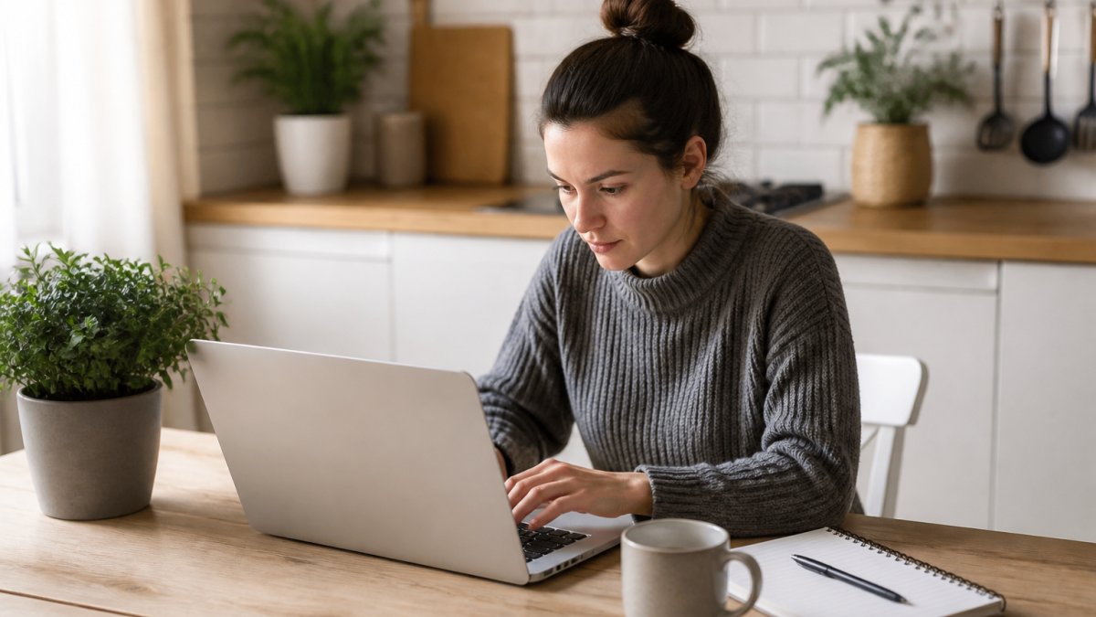 Junge Frau richtet konzentriert ihr erstes Portfolio Hosting am Laptop an einem hellen Küchentisch ein.
