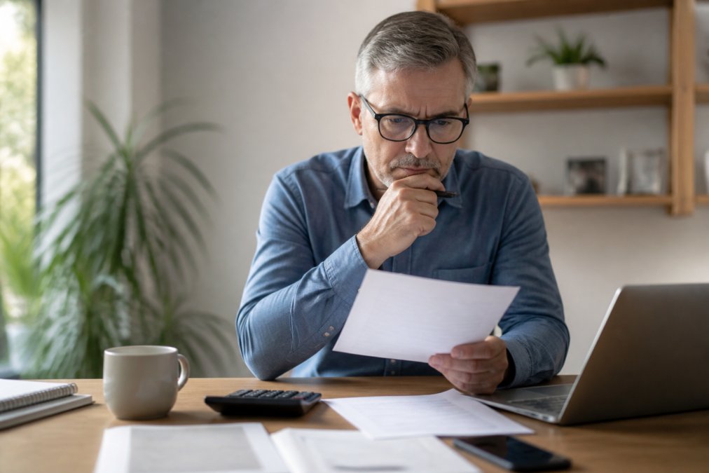 A person in their 50s reviewing a pension fund statement (Vorsorgeausweis) at a desk with a calculator and laptop, natural window light, focused expression
