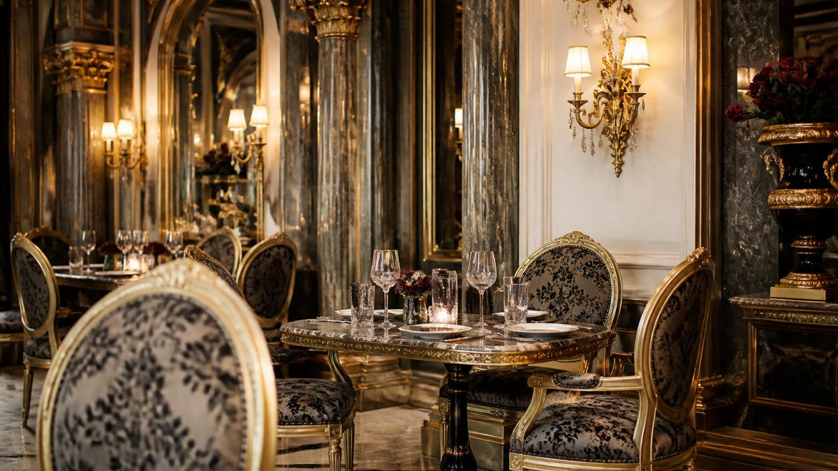 Eleganter Fine-Dining-Restaurantraum mit luxuriösen Barockmöbeln, gedimmter Beleuchtung, edlen Materialien wie Marmor und Blattgold, sorgfältig gesetzten Tischen in harmonischer Raumgestaltung mit warmem Licht