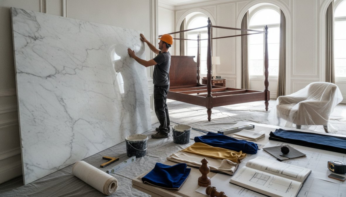 Elegantes Luxushotel-Zimmer mit hochwertigen Möbeln, Marmor-Oberflächen und sorgfältig abgestimmter Farbpalette in Creme und Gold, die Exklusivität und Komfort ausstrahlt unter warmem Licht