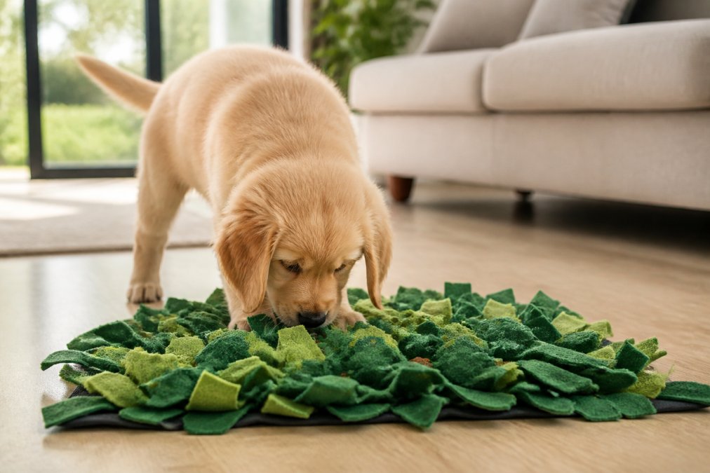 A golden retriever puppy sniffing a green fabric snuffle mat on a living room floor, with treats hidden among the strips, natural light coming through the window, and a beige sofa in the background