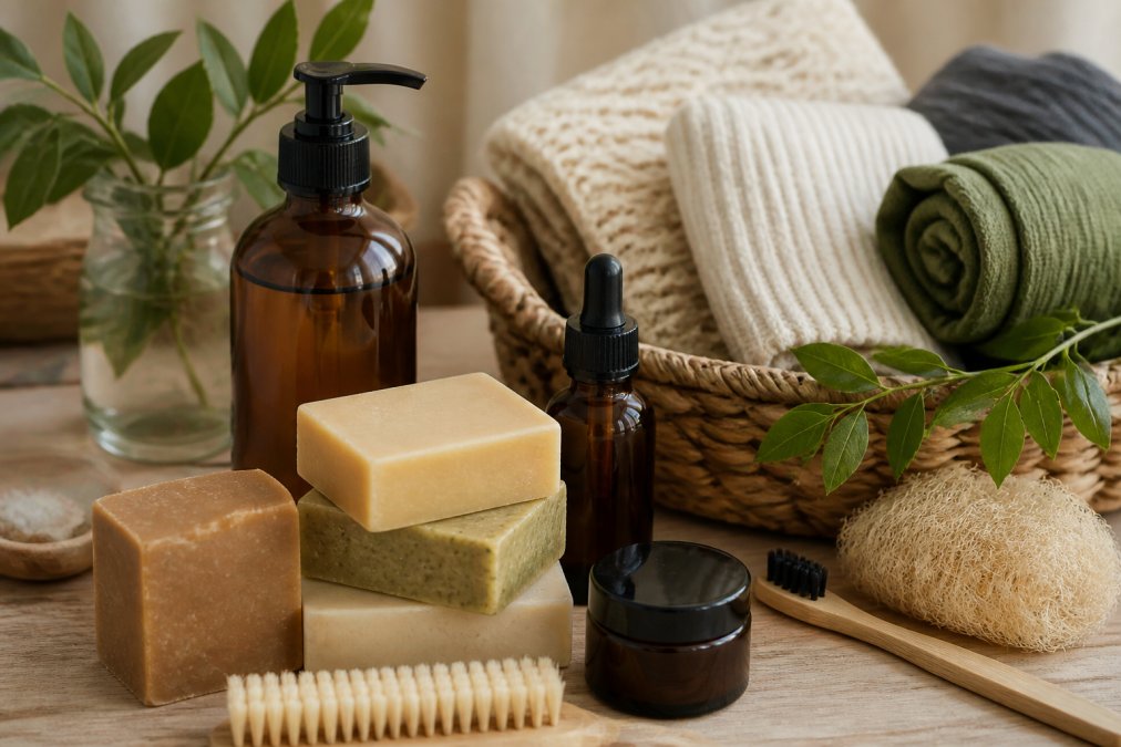 Přiblížený pohled na přírodní produkty v papírových a skleněných obalech, včetně tuhých mýdel, lahviček s přírodní kosmetikou a bio textilu