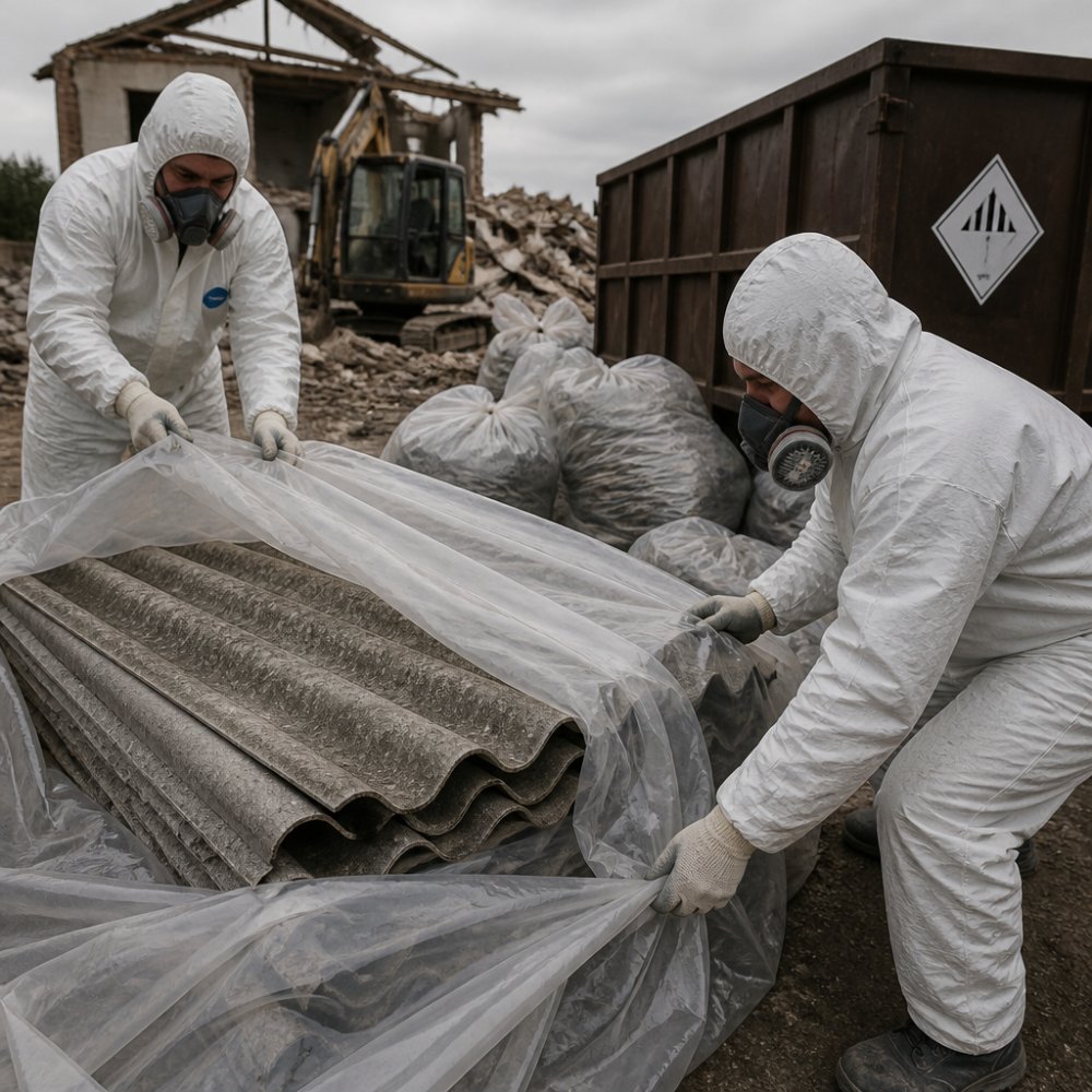 Workers in white protective suits and respirators carefully wrapping old grey asbestos cement roof sheets in thick plastic sheeting at a demolition site, with a marked hazardous waste container nearby and overcast daylight