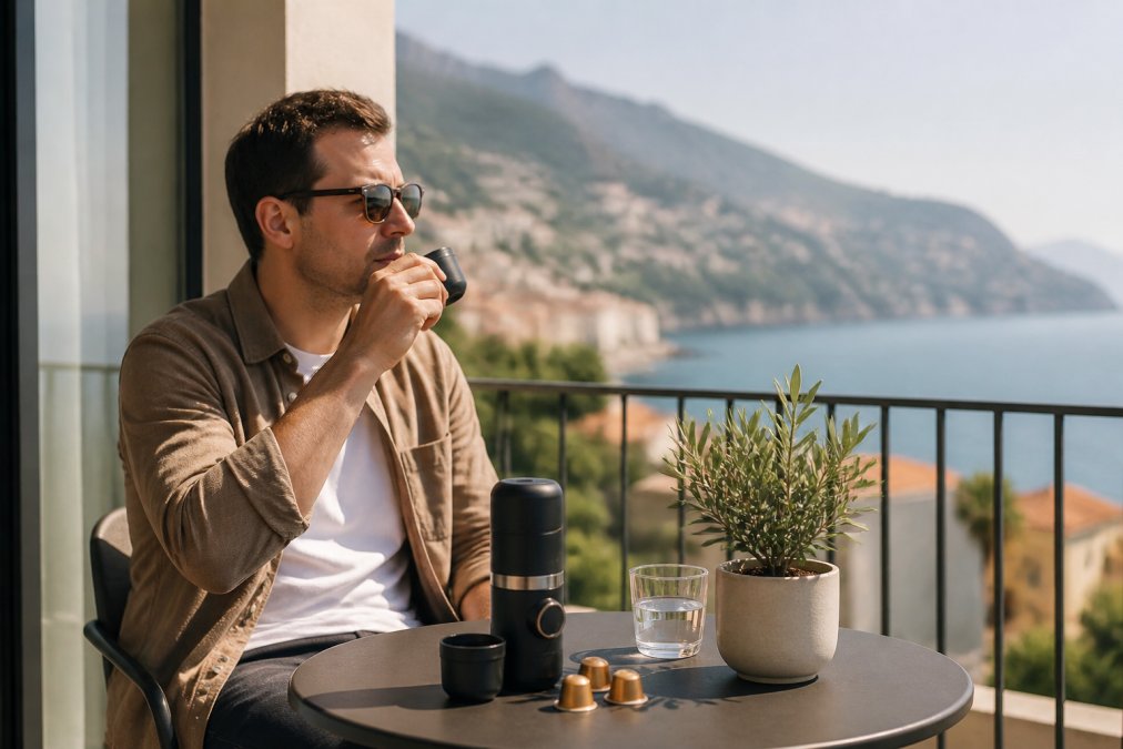 En rejsende, der nyder en kop espresso fra en bærbar rejse-espressomaskine på en hotelterrasse eller i et outdoor-miljø med naturlig belysning