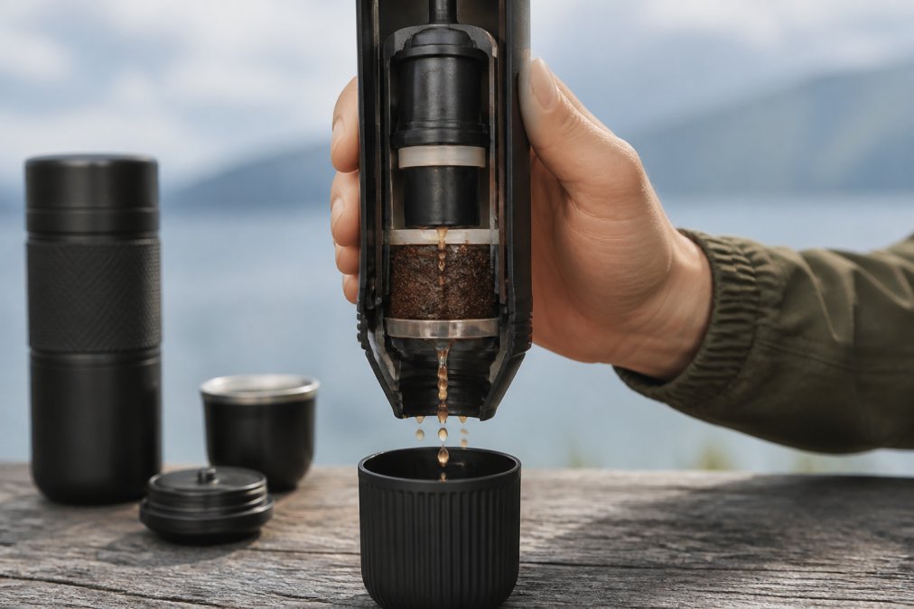 Tværsnit af en bærbar espressomaskine, der viser hvordan tryk påvirker vandgennemstrømningen gennem kaffepulveret, med pile der illustrerer vandvej og partikelkontakt