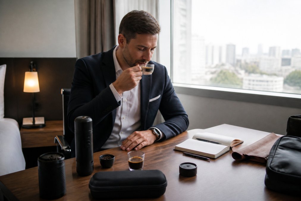 En rejsende forretningsperson, der nyder en friskbrygget espresso fra en bærbar maskine på et hotelværelse med naturligt dagslys fra vinduet, med kaffe-udstyr ordnet på skrivebord
