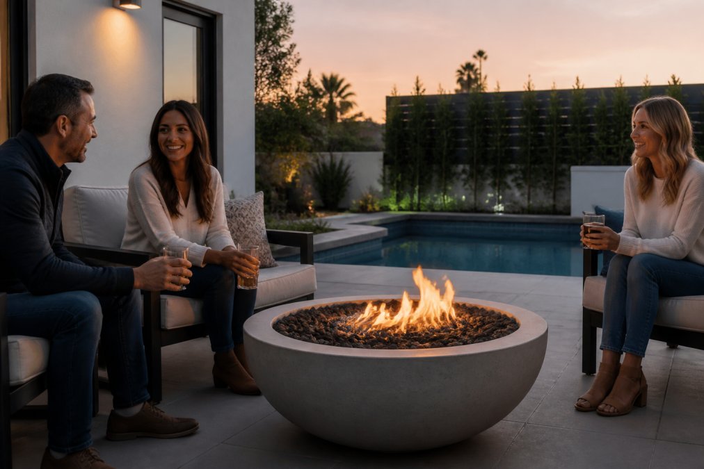Modern patio with glowing El Dorado fire bowls by a pool at dusk