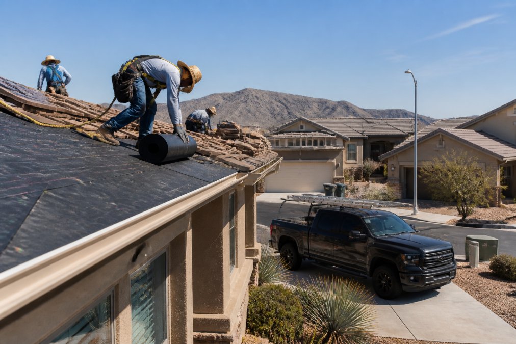 A roofing crew installing underlayment on a residential roof in a sunny desert neighborhood, with a company truck parked in the driveway