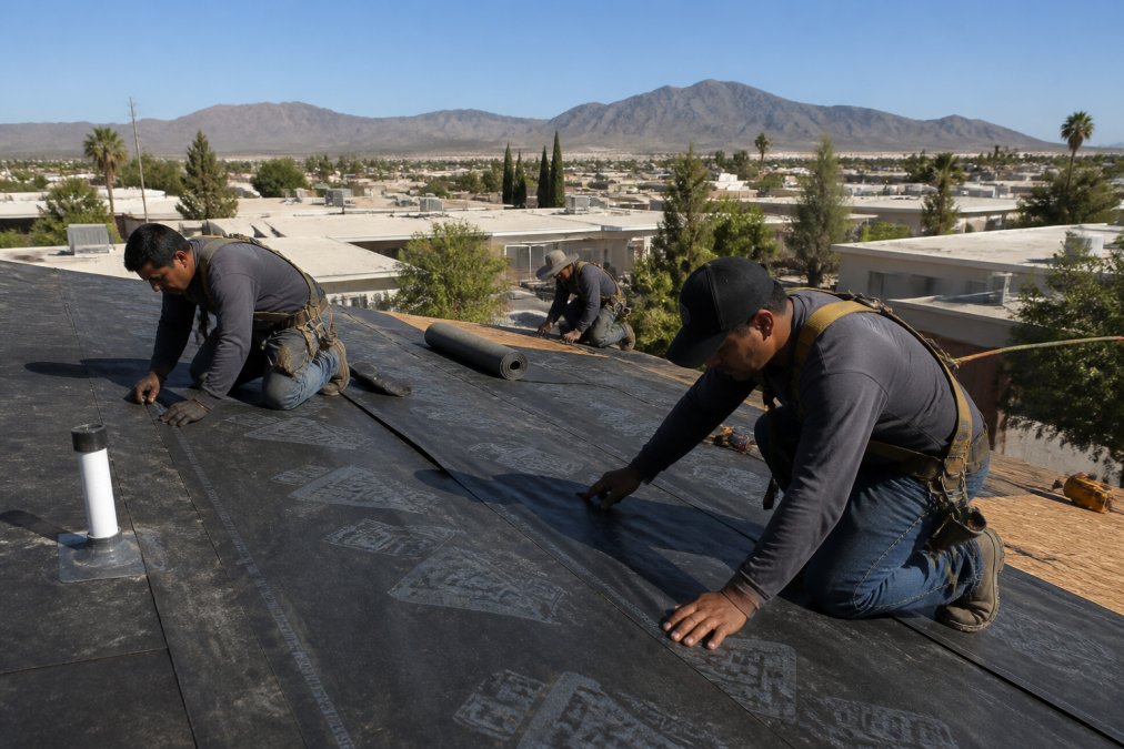 A roofing crew installing underlayment on a pitched residential roof in a desert neighborhood, with flat-roof homes and mountains visible in the background under bright sun