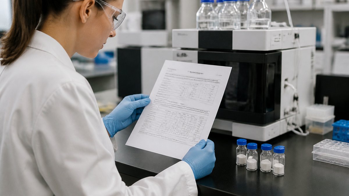 A laboratory researcher in a white coat examining a printed certificate of analysis document beside an HPLC instrument, with vials of lyophilized peptide visible on the bench