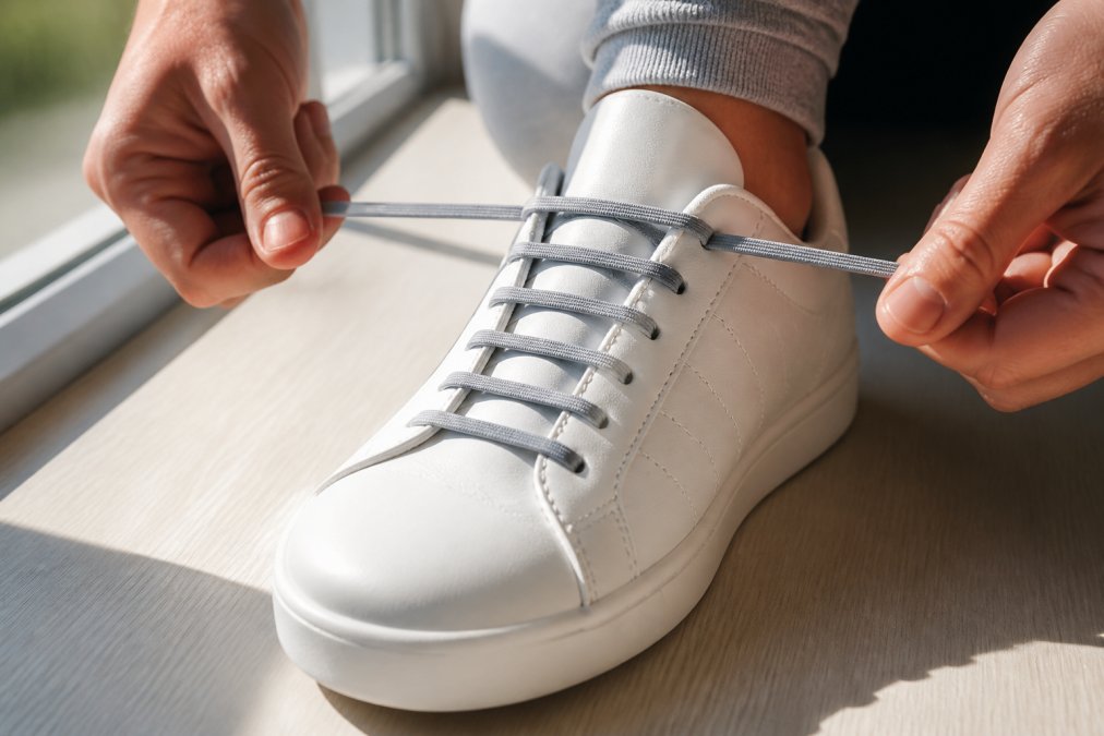Close-up of hands stretching a grey elastic shoelace on a white sneaker with a wide toe box, showing the give and flexibility of the material in bright natural window light